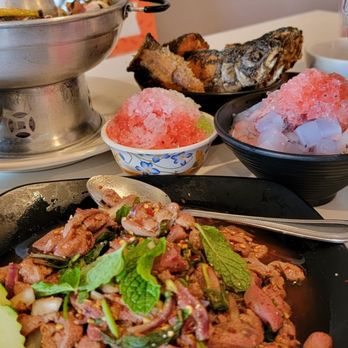 Kao Hom - Hot pot, fly fish, spicy salad, and fruit salad with shaped ice. - Thai Near Me - Van Nuys, California Kao Hom - Hot pot, fly fish, spicy salad, and fruit salad with shaped ice. - Thai Near Me - Van Nuys, California
