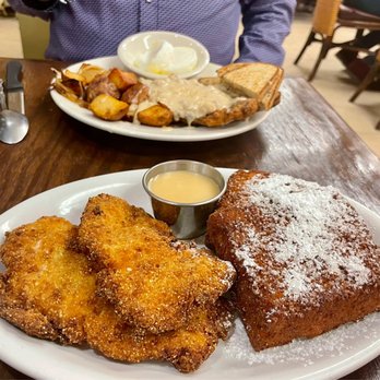 Clary's Corner Cafe - Chicken n waffles (cornbread French toast) and country fried steak. Everything was cooked perfectly - Cafes Near Me - Lake Worth, Florida