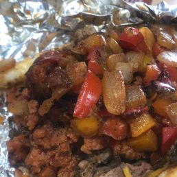 Tri-tip/Hotlink cheese. Bell pepper. Onions and Bbq Tri-tip/Hotlink cheese. Bell pepper. Onions and Bbq