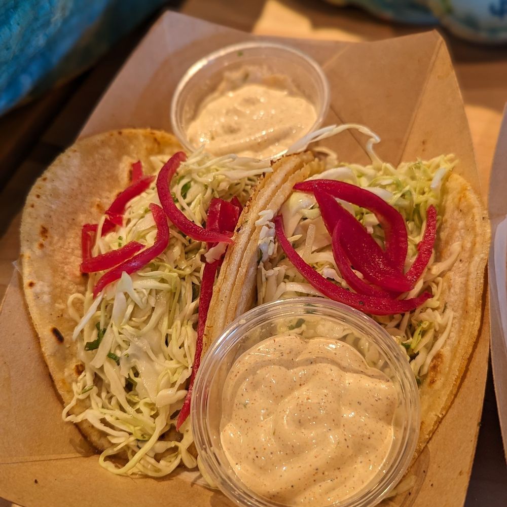 Taco Bamba Raleigh - Baja fish taco and the Cameron (shrimp) taco with jalapeno crema on the side - Tacos Near Me - Raleigh, North Carolina Taco Bamba Raleigh - Baja fish taco and the Cameron (shrimp) taco with jalapeno crema on the side - Tacos Near Me - Raleigh, North Carolina