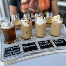 The Blend Coffee & Cocktails - Fall coffee flight & mimosa flight in back