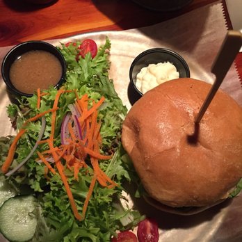 The Hound - Build Your Own Burger with grilled mushrooms, onions, and sharp cheddar plus a side of salad - New American Near Me - Auburn, Alabama