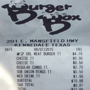 Burger Box - the receipt for the burger box - Burgers Near Me - Kennedale, Texas
