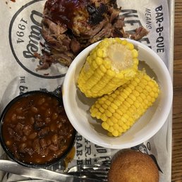 Georgi chopped pork, Corn Bread Muffins, Wilbur Beans, corn Georgi chopped pork, Corn Bread Muffins, Wilbur Beans, corn