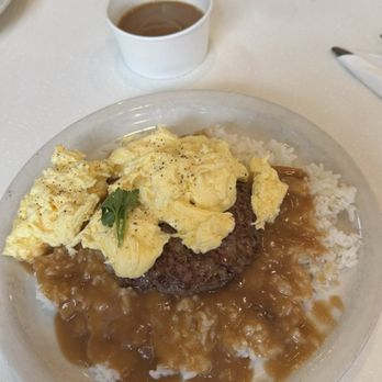 Aloha Stacks - Loco Moco.  Hamburger patty, white rice, gravy, and scrambled eggs. - Pancakes Near Me - Cerritos, California