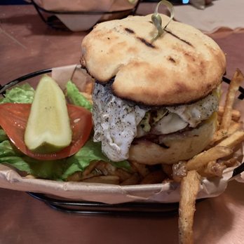 Diablo Burger - This is my medium cooked burger, provolone cheese, over easy egg, avocado and gluten free English muffin. - Burgers Near Me - Flagstaff, Arizona