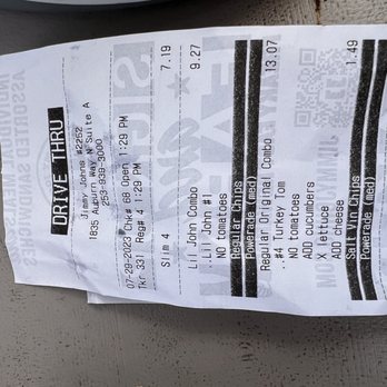 Jimmy John's - the receipt for the burger - Sandwiches Near Me - Auburn, Washington