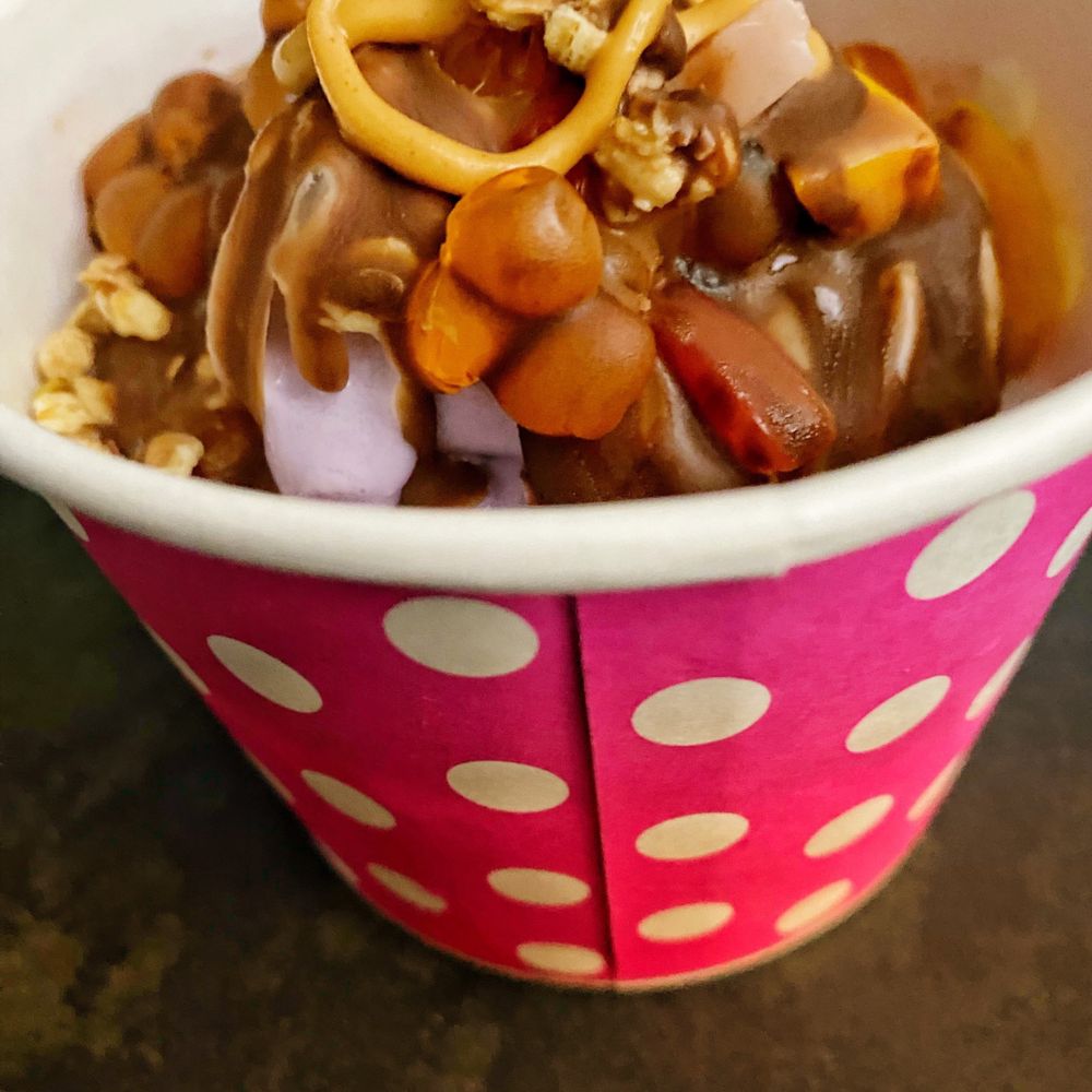 In The Mix Yogurt - Ube & pistachio combo with hard shell chocolate, mochi, peanut butter, popping boba & few nuts. - Ice Cream & Frozen Yogurt Near Me - Poway, California In The Mix Yogurt - Ube & pistachio combo with hard shell chocolate, mochi, peanut butter, popping boba & few nuts. - Ice Cream & Frozen Yogurt Near Me - Poway, California