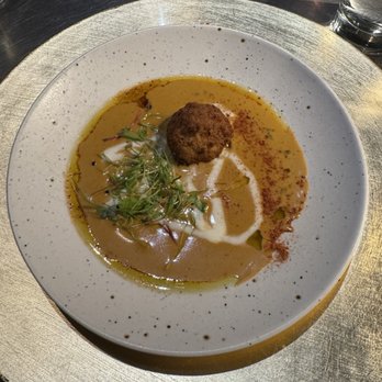 Roux 30a - Lobster bisque soup with crispy corn and lobster fritter with a citrus butter - Personal Chefs Near Me - Santa Rosa Beach, Florida Roux 30a - Lobster bisque soup with crispy corn and lobster fritter with a citrus butter - Personal Chefs Near Me - Santa Rosa Beach, Florida