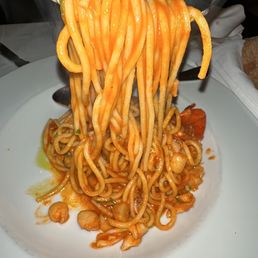 a plate of spaghetti with shrimp