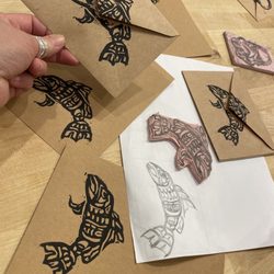 Made In ALX - Sketched, transferred the sketch to the block, carved out the design, rolled on the ink and stamped our art into cards and envelopes.