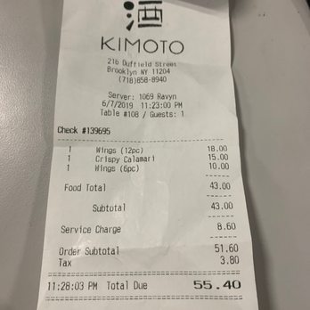 Kimoto Rooftop - Receipt - Asian Fusion Near Me - Brooklyn, New York