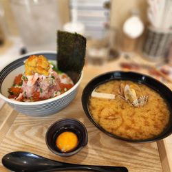 Totoya - Tokujo negitoro bowl with uni, snow crab and ikura, clam miso soup and egg yolk shoyu. Oishi!