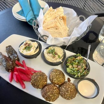 Byblos - Appetizer Trio - Falafel, Dolma, Baba Ganuj, Hummus, Pita, Fattoush Salad - Mediterranean Near Me - Tampa, Florida