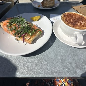 Brass Bird Coffee - Oat milk latte and sourdough salmon toast - Coffee & Tea Near Me - Carpinteria, California Brass Bird Coffee - Oat milk latte and sourdough salmon toast - Coffee & Tea Near Me - Carpinteria, California