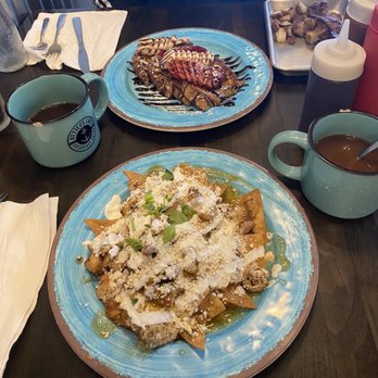 Atticus Cafe - Chilaquiles, strawberry banana French toast combo, and Two cafe de olla - Breakfast & Brunch Near Me - Anaheim, California
