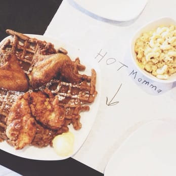 Dame's Chicken & Waffles - Oregano Mac and cheese and gingerbread waffle with apricot peach shmear and vanilla cream sauce. To die for. - Southern Near Me - Durham, North Carolina Dame's Chicken & Waffles - Oregano Mac and cheese and gingerbread waffle with apricot peach shmear and vanilla cream sauce. To die for. - Southern Near Me - Durham, North Carolina