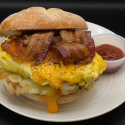Longfellow's Coffee - 3 eggs with double bacon, cheddar cheese & smashed potatoes on the sandwich.