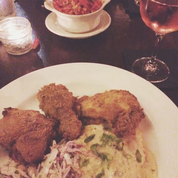 The Attic - Buttermilk Fried Chicken With Mac and Cheese and a glass of wine at The Attic - Breakfast & Brunch Near Me - Long Beach, California
