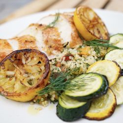 True Food Living - Charred lemon and dill chicken breast, quinoa "tabbouleh" and roasted summer squash.