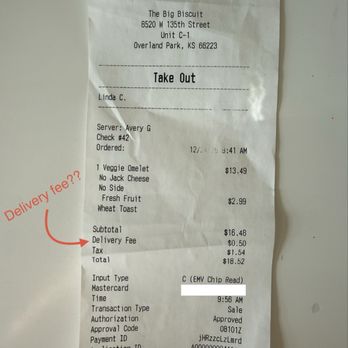 The Big Biscuit - One omelet with no fruit comes to $18.52. And even charged for a delivery fee when it was a pickup! - Breakfast & Brunch Near Me - Overland Park, Kansas The Big Biscuit - One omelet with no fruit comes to $18.52. And even charged for a delivery fee when it was a pickup! - Breakfast & Brunch Near Me - Overland Park, Kansas