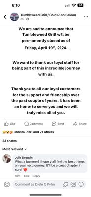 Photo of Tumbleweed Grill And Bar - Apache Junction, AZ, US. Announced closure - last day today.