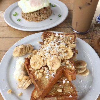 Kihei Caffe - Banana macnut french toast, fried rice, latte - Hawaiian Near Me - Kihei, Hawaii