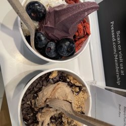 Pressed Juicery - Açaí berry with coconut, blueberry, and Goji berry. Also the chocolate chip cookie one with vegan marshmallow.