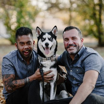 Trisha's Takes - Holiday family pic with a dog and his two dads - Session Photography Near Me Trisha's Takes - Holiday family pic with a dog and his two dads - Session Photography Near Me