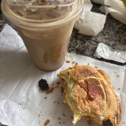 Caramel macchiato and breakfast sandwich Caramel macchiato and breakfast sandwich
