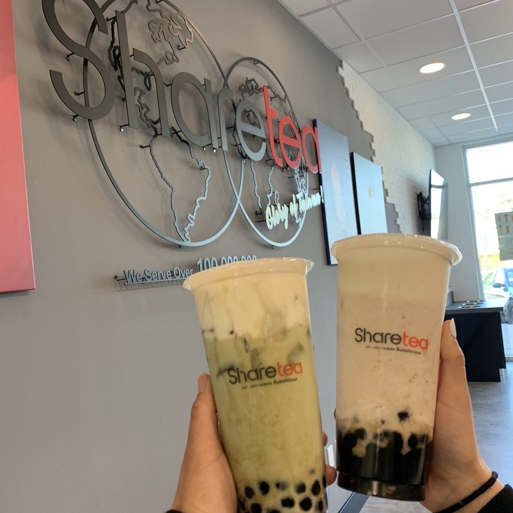 Matcha milk tea with boba and creama (left) Fresh taro with boba and creama (right) Matcha milk tea with boba and creama (left) Fresh taro with boba and creama (right)