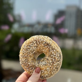 James Oliver Coffee - a hand holding a sesame bagel - Cafes Near Me - Detroit, Michigan James Oliver Coffee - a hand holding a sesame bagel - Cafes Near Me - Detroit, Michigan