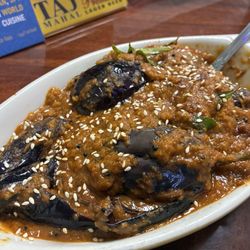 Arusuvai Kitchen - Pan Roasted eggplant masala at highest spice- vegetarian, dairy free, egg free as is. comes with rice.