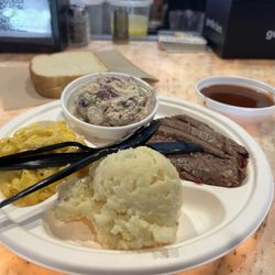 The Fill Station - Two meat plate. Brisket. Chicken salad. Mac n cheese. Potato salad.
