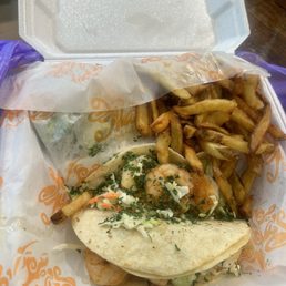 Shrimp tacos and fries Shrimp tacos and fries