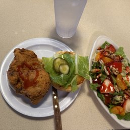 Fried Chicken Sandwich and a side strawberry salad with raspberry vinaigrette Fresh and yummy! Fried Chicken Sandwich and a side strawberry salad with raspberry vinaigrette Fresh and yummy!