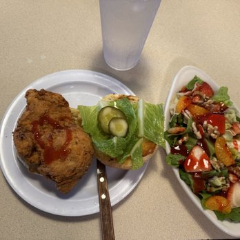 Omega Coney Island - Fried Chicken Sandwich and a side strawberry salad with raspberry vinaigrette Fresh and yummy! - Diners Near Me - Indian Trail, North Carolina Omega Coney Island - Fried Chicken Sandwich and a side strawberry salad with raspberry vinaigrette Fresh and yummy! - Diners Near Me - Indian Trail, North Carolina