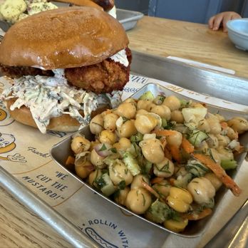 Wursthall - Kenji's Korean Hot Chicken Sandwich with Chickpea & Carrot Salad - German Near Me - San Mateo, California Wursthall - Kenji's Korean Hot Chicken Sandwich with Chickpea & Carrot Salad - German Near Me - San Mateo, California