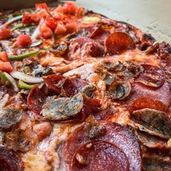 Pagliacci Pizza - Half veggie - half grand salami primo (light cheese, extra sauce, extra bake)