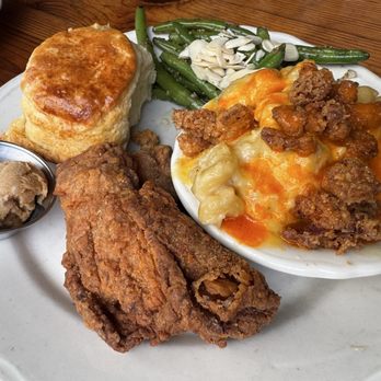 Haberdish - The Haber Dish with fried chicken thigh, mac and cheese, dill green beans and snowflake biscuit ($19) + crispy skins (+$2) - Southern Near Me - Charlotte, North Carolina Haberdish - The Haber Dish with fried chicken thigh, mac and cheese, dill green beans and snowflake biscuit ($19) + crispy skins (+$2) - Southern Near Me - Charlotte, North Carolina