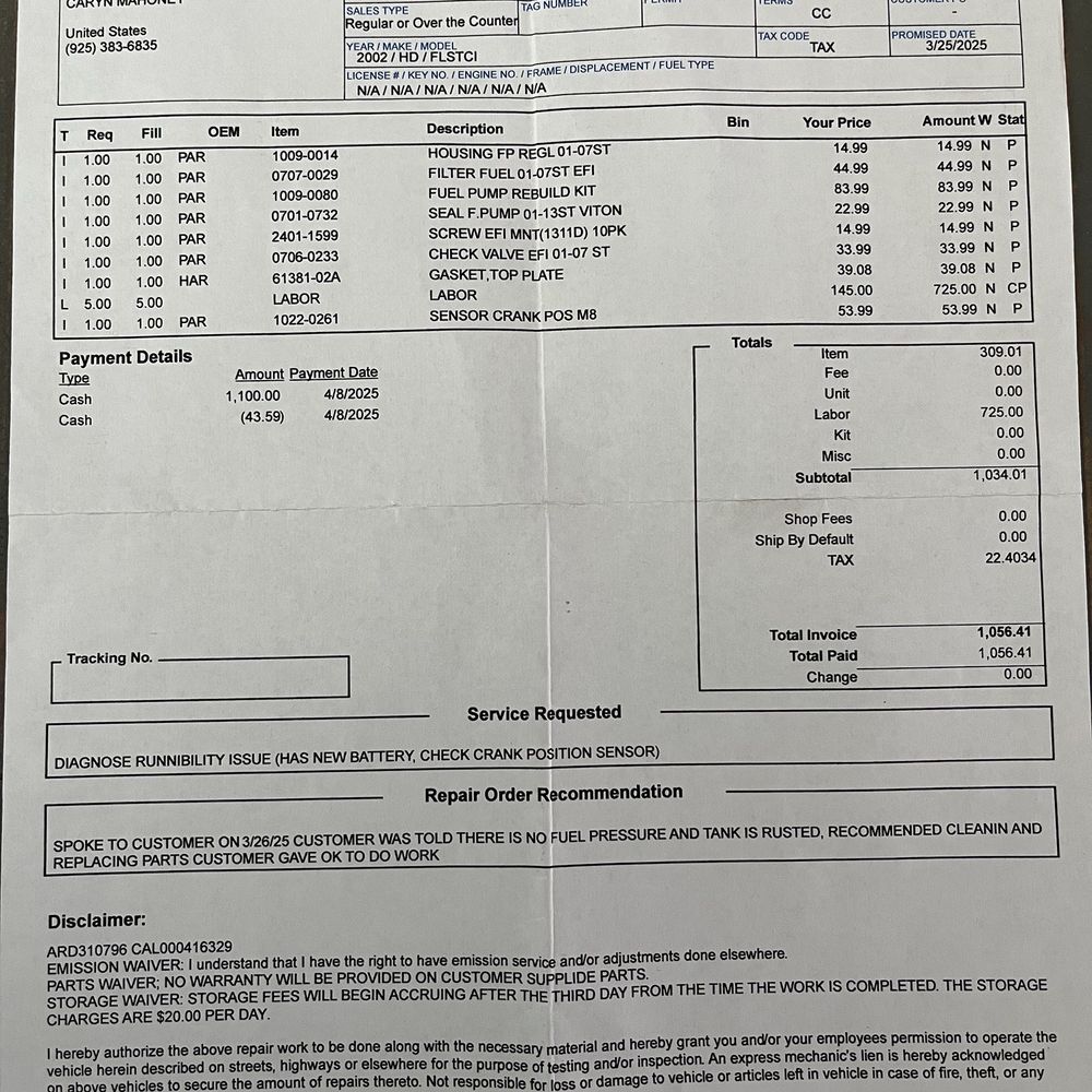 Miller Built Performance Cycles - An invoice - Motorcycle Dealers Near Me - Cameron Park, California Miller Built Performance Cycles - An invoice - Motorcycle Dealers Near Me - Cameron Park, California