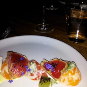 Ka'ana Kitchen - Ahi Tataki - Haiku heirloom tomatoes, fresh burrata, Ono Farms lilikoi - Asian Fusion Near Me - Wailea, Hawaii