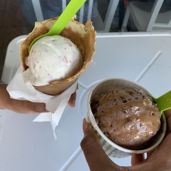 Creamistry - Left - Party Animal in a waffle cone . Right - chocolate with Cooke dough and caramel drizzle - Desserts Near Me - Houston, Texas Creamistry - Left - Party Animal in a waffle cone . Right - chocolate with Cooke dough and caramel drizzle - Desserts Near Me - Houston, Texas