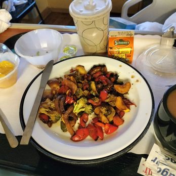 Olean General Hospital - Vegetarian dinner: Vegetable stir-fry lacking rice, noodles, ginger or garlic.  Tossed salad, and canned peaches for dessert. - Hospitals Near Me - Olean, New York