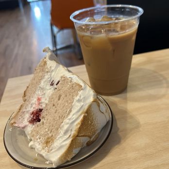 Sauce And Bread Kitchen - Meringue Raspberry Angel Food Cake and Latte - Breakfast & Brunch Near Me - Chicago, Illinois Sauce And Bread Kitchen - Meringue Raspberry Angel Food Cake and Latte - Breakfast & Brunch Near Me - Chicago, Illinois