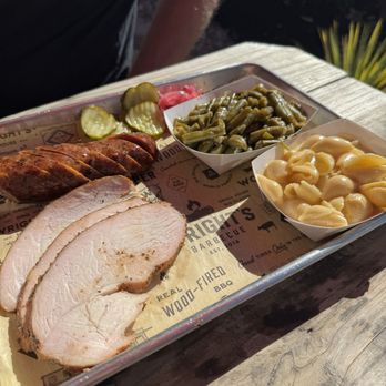 Wright’s Barbecue - Two meat plate with smoked turkey, jalapeño cheddar sausage, shells & cheese and green beans - Barbeque Near Me - Bentonville, Arkansas