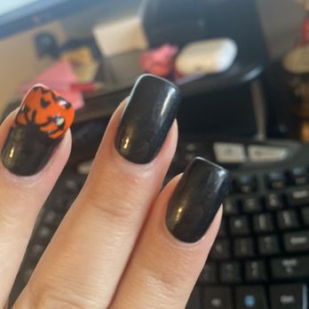Nails By Mimi - Gel X with gel polish, one solid black coat and one shimmer black coat, plus Halloween design. - Nail Technicians Near Me - Laguna Niguel , California Nails By Mimi - Gel X with gel polish, one solid black coat and one shimmer black coat, plus Halloween design. - Nail Technicians Near Me - Laguna Niguel , California