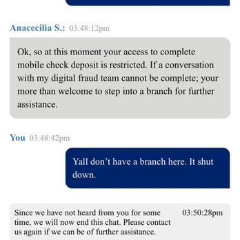 First National Bank - Tried chat, and it was even worse then the 30 m n wait time to f nd out why they restricted me from depositing mobile checks. - Banks & Credit Unions Near Me - Killeen, Texas First National Bank - Tried chat, and it was even worse then the 30 m n wait time to f nd out why they restricted me from depositing mobile checks. - Banks & Credit Unions Near Me - Killeen, Texas
