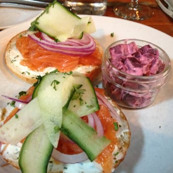 Mindy's Bakery - Salmon and cream cheese on a sesame bagel with a beet side salad - Desserts Near Me - Chicago, Illinois