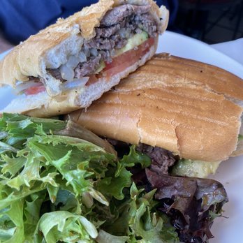 Cafe Santorini - Skirt steak panini with mixed salad - Italian Near Me - Pasadena, California Cafe Santorini - Skirt steak panini with mixed salad - Italian Near Me - Pasadena, California